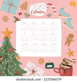 2020 Yearly Planner with all Months. Wall calendar with winter elements, christmas tree, toy, cocoa mug. Editable Vector illustration