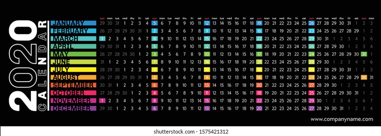 2020 yearly wall calendar planner editable template in colorful creative horizontal grid layout design, on black background. Vector illustration