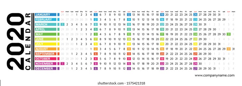 2020 yearly wall calendar planner editable template in colorful creative horizontal grid layout design. Vector illustration