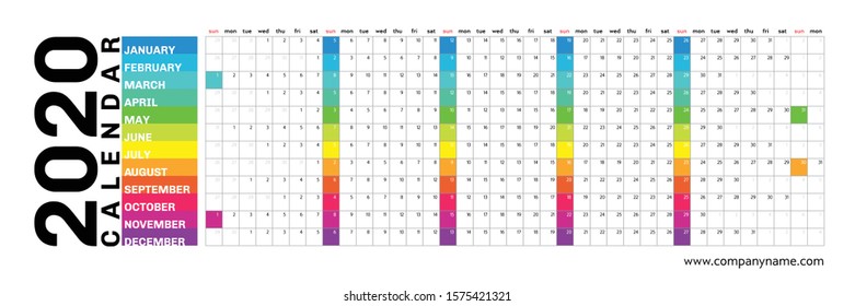 2020 yearly wall calendar planner editable template in colorful creative horizontal grid layout design. Vector illustration