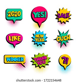 2020, yes, sale, like, new year set speech bubble. Comic text banner poster sticker concept. Comics book pop art style text. Message speech bubble boom cloud talk web comic text. Vector Illustration.