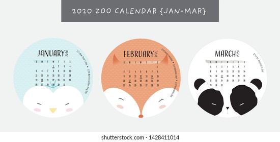 2020 Zoo Calendar Jan to mar