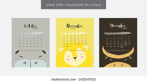 2020 Zoo Calendar Octdec Stock Vector (Royalty Free) 1420147025