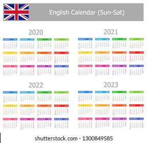 2020-2023 English Type-1 Calendar Sun-Sat on white background