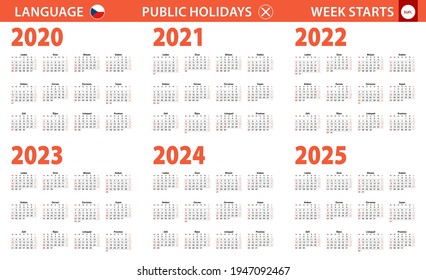 Calendario 2020-2025 en idioma checo, la semana comienza el domingo. Calendario vectorial.