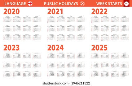 2020-2025 year calendar in Georgian language, week starts from Sunday. Vector calendar.