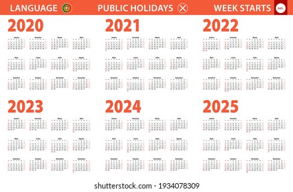 2020-2025 year calendar in Portuguese language, week starts from Sunday. Vector calendar.