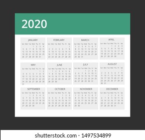 2020Calendar layout design template. New Year planner calendar 2020. Vector