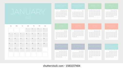 2020-Calendar. Week starts Sunday. Vector illustration 