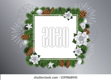 2020-ecological greeting card decorated with fir branches, pine cones, Christmas balls, flowers and fireworks with a white square in the center.
