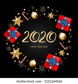 2020New Year Decorative Border made of Festive Elements on black background Vector illustration