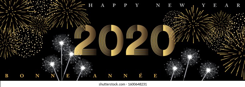 2020-Night party atmosphere banner with fireworks and sparklers - Text French, English, translation: happy new year.