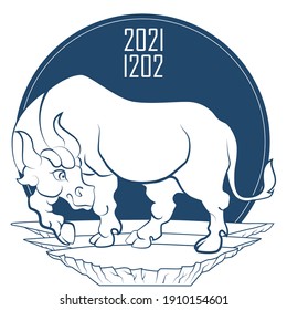 2021 12.02 Chinesischer Neujahrshintergrund, Kartendruck. Weißer Stier auf blauem Hintergrund. Traditioneller asiatischer Stil. Element für Neujahrsdesign.