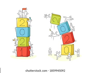 2021 2020 Happy New Year set. Cartoon doodle illustration with liitle people prepare to celebration. Hand drawn vector illustration.