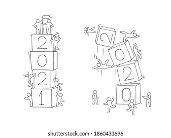 2021 2020 Happy New Year set. Cartoon doodle illustration with liitle people prepare to celebration. Hand drawn vector illustration.