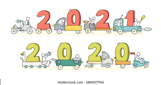 2021 2020 Happy New Year concept with cars. Cartoon doodle illustration with liitle people prepare to celebration. Hand drawn vector for christmas design.