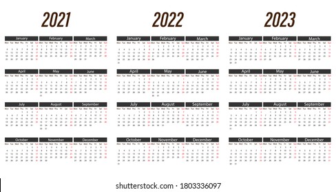 2021 2022 2023 Calendar Week Monday Stock Vector (Royalty Free ...