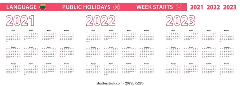 2021, 2022, 2023 year vector calendar in Lithuanian language, week starts on Sunday. Vector calendar.