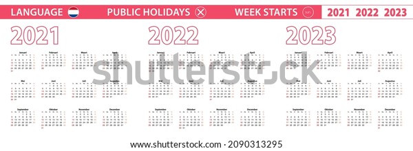 2021, 2022, 2023 year vector calendar in\
Dutch language, week starts on Sunday. Vector calendar.\
Translation: “Months of the year and days of the\
week”.