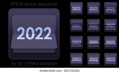 2021 - 2022. Animated Flip Calendar For New Year's Events. Banner With A Date Flipper. Black And Silver 3D Icon Of Counter. Vector Sequence For GIF, HTML, Flash Animation. Sprite Sheet Of 12 Frames.