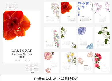 2021, 2022, 2022 calendar template. Realistic  botanical Calendar design. Set of 12 months.