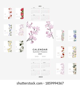 2021, 2022, 2022 calendar template. Realistic  botanical Calendar design. Set of 12 months.