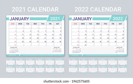 Kalender 2021 2022 Planer-Kalender-Vorlage. Die Woche fängt Sonntag an. Vektorgrafik. Horizontales monatliches Tagebuch-Layout. Jährlicher Briefvermittler mit 12 Monaten. Tabellenplan-Gitter. Farbillustration