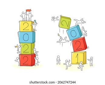 2021 2022 Happy New Year set. Cartoon doodle illustration with liitle people prepare to celebration. Hand drawn vector illustration.