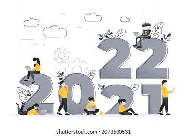 2021 - 2022 New year with New lifestyle ideas concept. People and robot wearing mask with flat big letters design. Vector illustration modern layout template