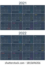 2021 2022 simple vector 12 colorful months calendar, starts monday, two weekend, dark background