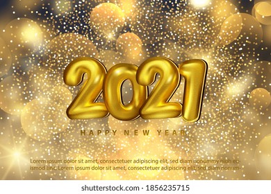 2021 3d Gold Numbers for New Year and Christmas Design. Happy New Year 2021 greeting card with wish text. 2021 Golden symbol in metal font. Realistic 3d gold sign. 3d Vector illustration. EPS 10