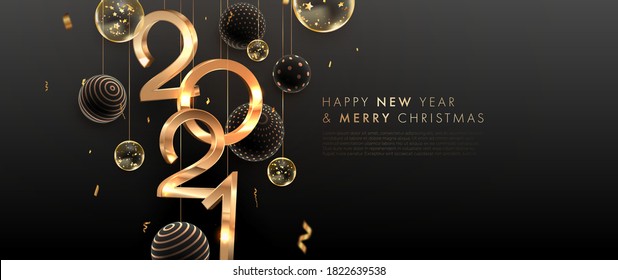 2021 3d golden numbers for Christmas nad New Year posters and holiday winter invitations with gold confetti and decorations. Vector illustration