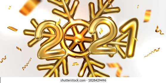 2021 3d golden numbers for Christmas nad New Year posters and holiday winter invitations with gold snowflake and confetti decorations. Vector illustration