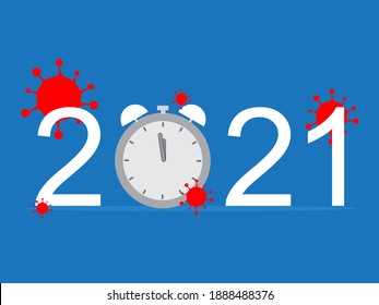 2021 with alarm clock and corona virus on blue background