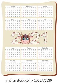2021 annual calendar 12 months, calendar template in vertical orientation with a beautiful inscription 2021 with the symbol of the year cow, bull