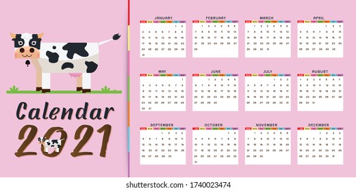 2021 annual calendar 12 months, calendar template with kawaii cartoon ox, bull or cow, symbol of new year, cute characters - Cover and 12 monthly pages. Week starts on Monday, vector editable template