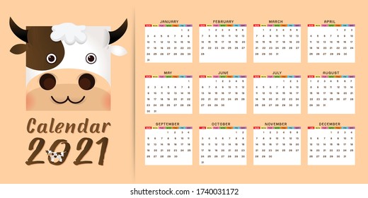 2021 annual calendar 12 months, calendar template with kawaii cartoon ox, bull or cow, symbol of new year, cute characters - Cover and 12 monthly pages. Week starts on Monday, vector editable template
