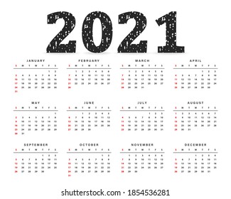 2021 annual calendar colorful vector. Grungy, grunge texture design. Rubber stamp imprint style. Week start on sunday