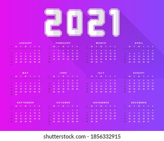 2021 annual calendar colorful vector. Modern dynamic design with long shadow on purple gradient background.Week start on sunday
