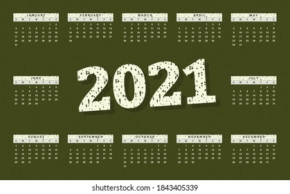 2021 annual calendar vector design, badge Military, Army design on green camouflage background with grungy pattern . Week start from sunday     