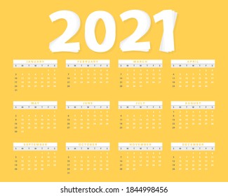 2021 annual calendar vector design, modern paper layers style design on yellow backgroundWeek start from sunday     