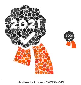 2021 approve award collage of circle elements in different sizes and color tints. Vector circle elements are organized into 2021 approve award illustration.