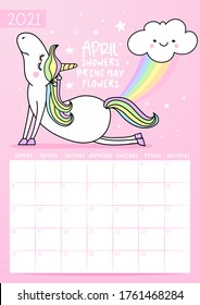 2021 april calendar with calligraphy phrase and unicorn doodle: APRIL SHOWERS BRING MAY FLOWERS. Desk calendar, planner design, week starts on sunday, stationery