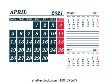 2021 April Calendar Planner. Template. Mockv up. Vector illustration.