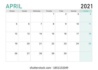 2021 April illustration vector desk calendar weeks start on Monday in light green and white theme