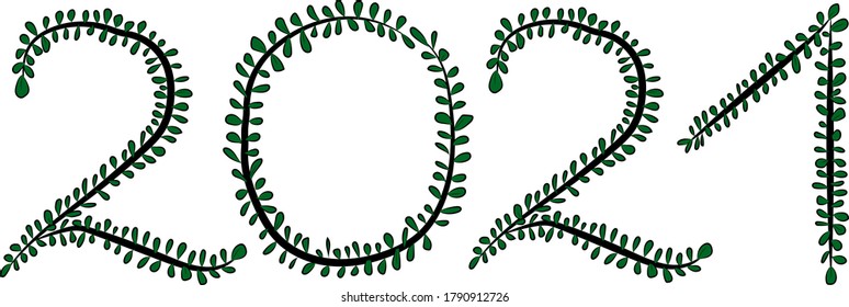 2021. Arabic numerals. Happy New Year and merry Christmas. Eco-friendly theme. Numbers of black branches and green petals. The foliage is lush. Summer atmosphere