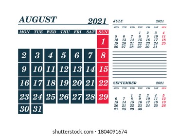 2021 August Calendar Planner. Template. Mockv up. Vector illustration.