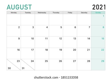 2021 August illustration vector desk calendar weeks start on Monday in light green and white theme