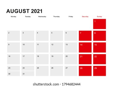 2021 August planner calendar design. Week starts from Monday. Vector illustration.