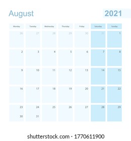 2021 August wall planner in blue pastel color, week starts on Monday. Calendar for August 2021 with blue square and with day of previous and next month.